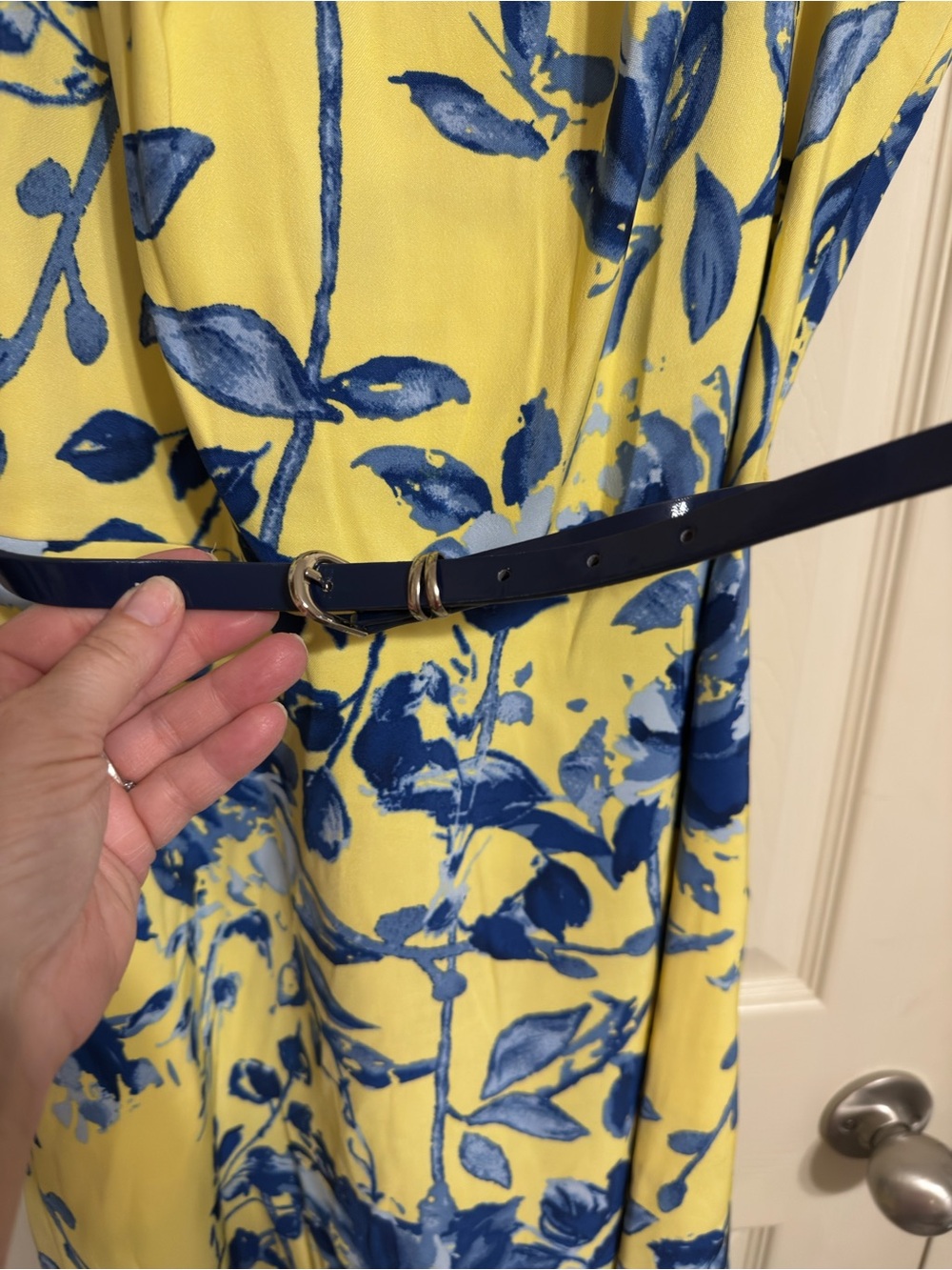 Signature Yellow Midi Dress with Bold Blue Floral Print - Picture 2 of 4